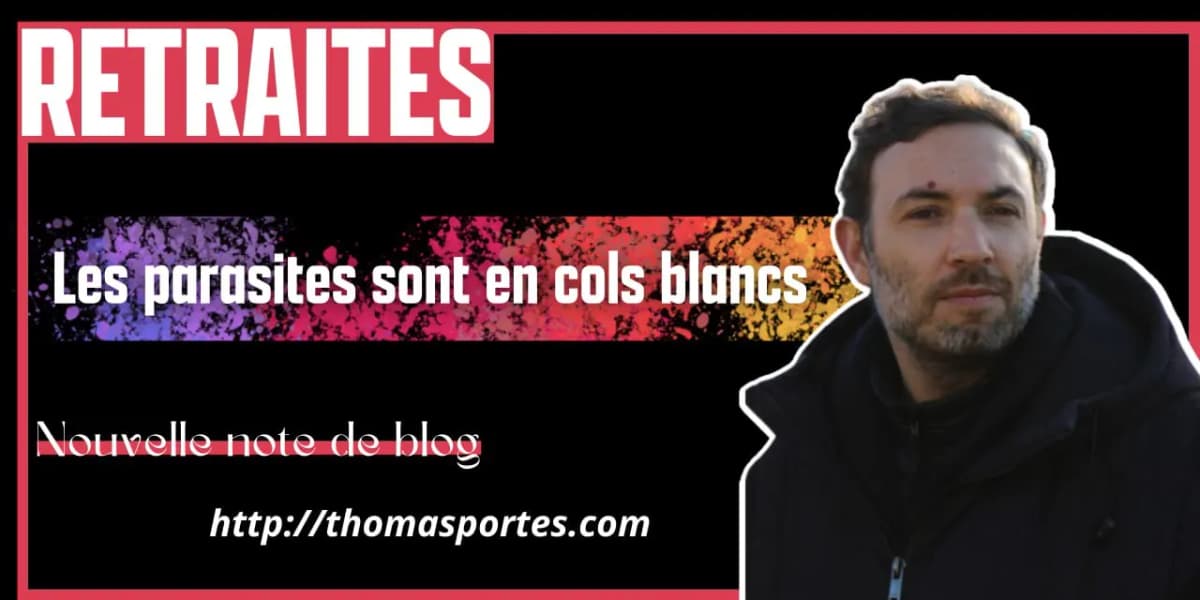 Bandeau d’annonce d’une note de blog sur les retraites, avec son portrait et l’adresse du site.