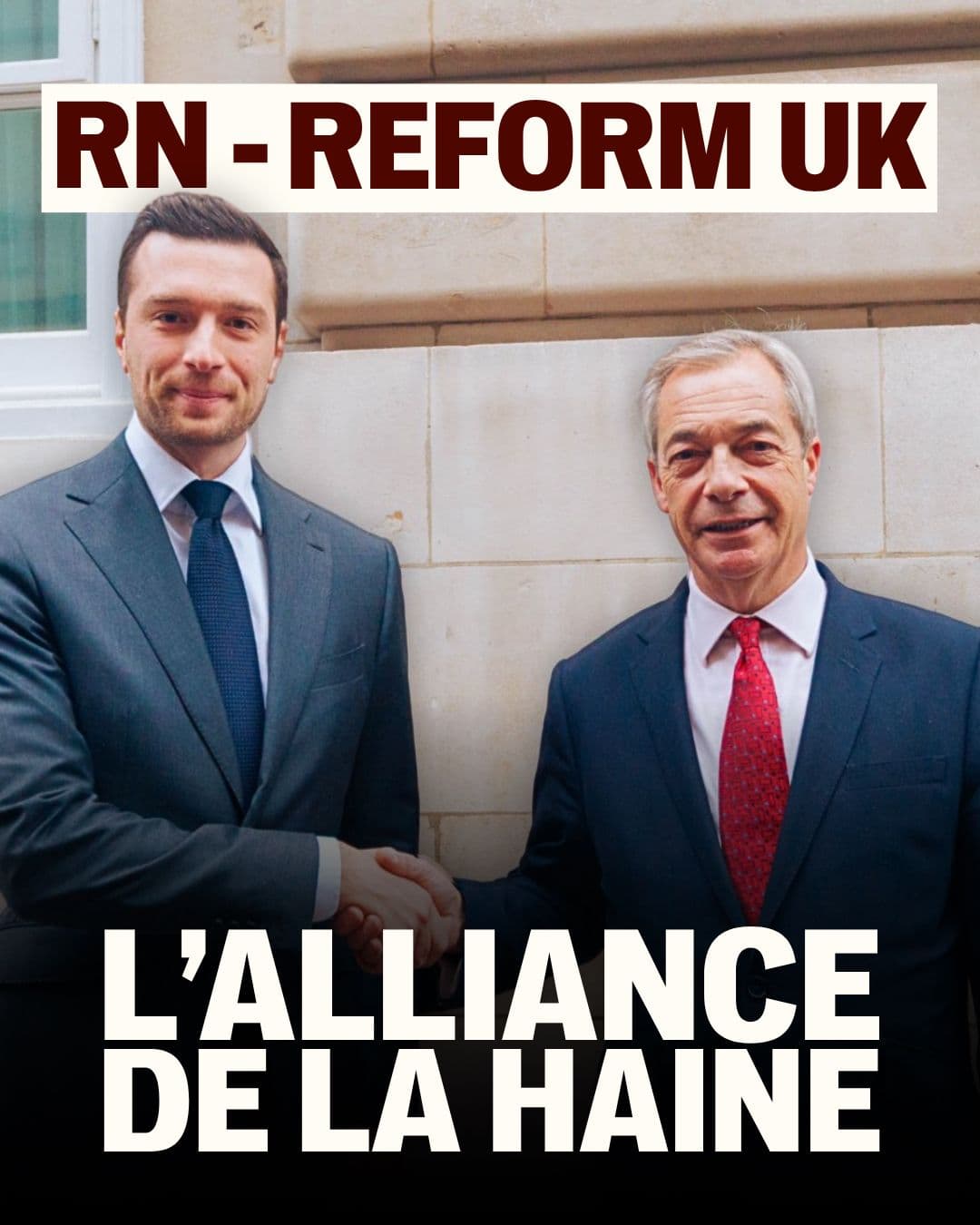 Visuel « RN – Reform UK, l’alliance de la haine » : deux hommes en costume se serrent la main.