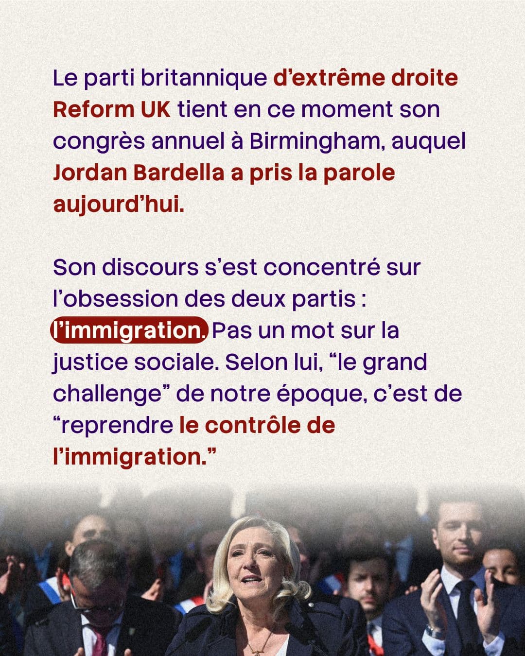 Texte : Jordan Bardella a pris la parole au congrès de Reform UK à Birmingham, un discours centré sur l’immigration ; photo d’un meeting en bas.