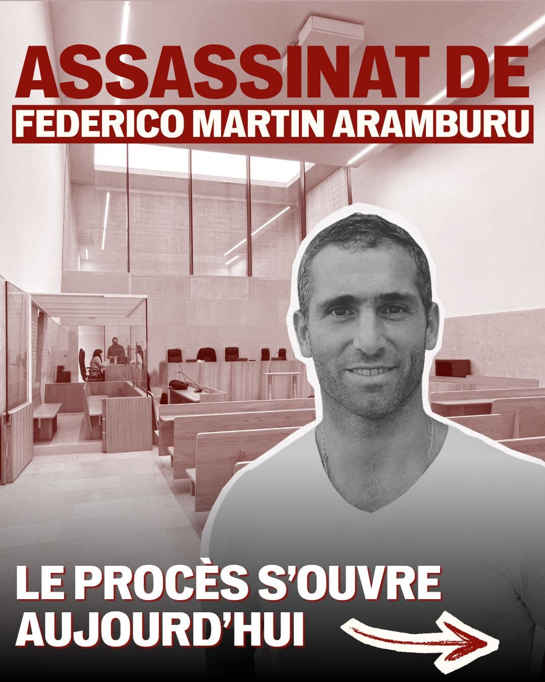 Visuel « Assassinat de Federico Martin Aramburu – Le procès s’ouvre aujourd’hui » : portrait d’un homme souriant devant une salle d’audience.