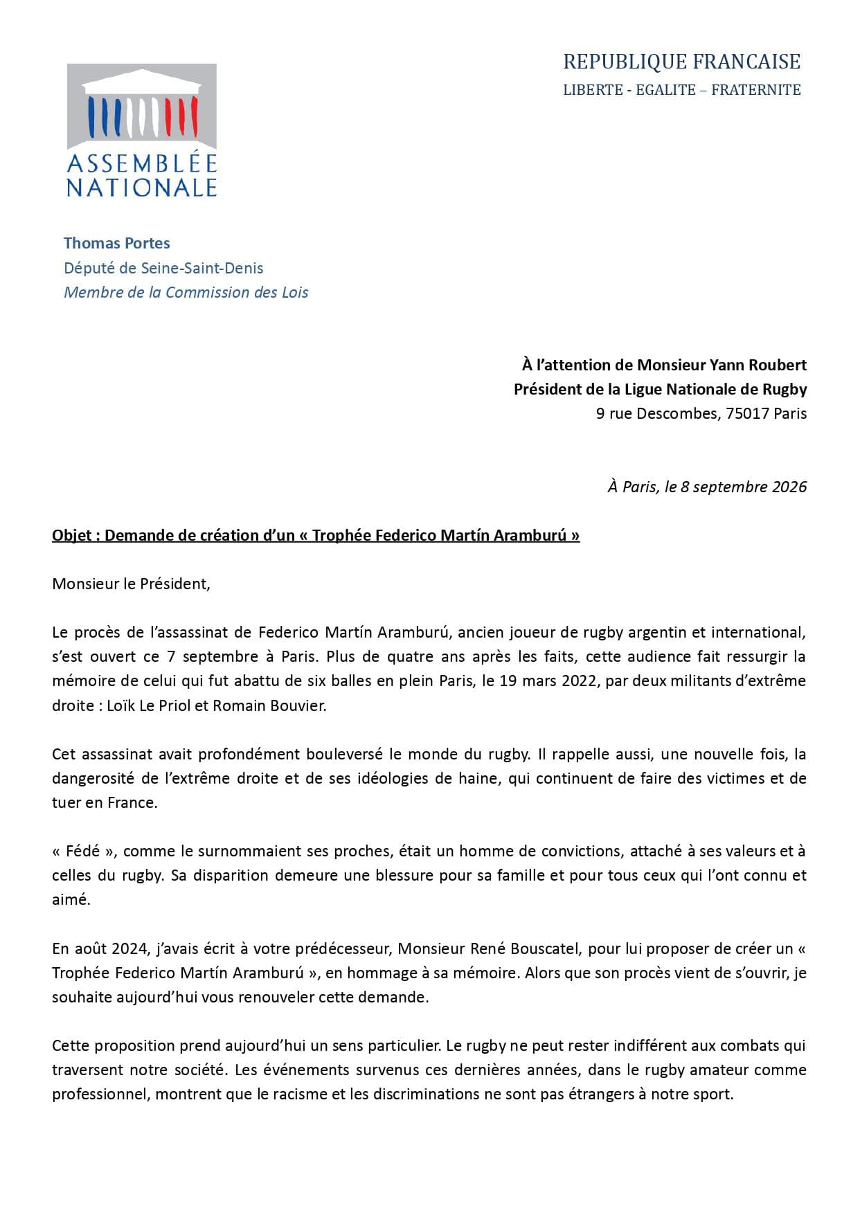 Première page d’une lettre de Thomas Portes, député, au président de la Ligue nationale de rugby, datée du 8 septembre 2026 : demande de création d’un trophée Federico Martín Aramburú.