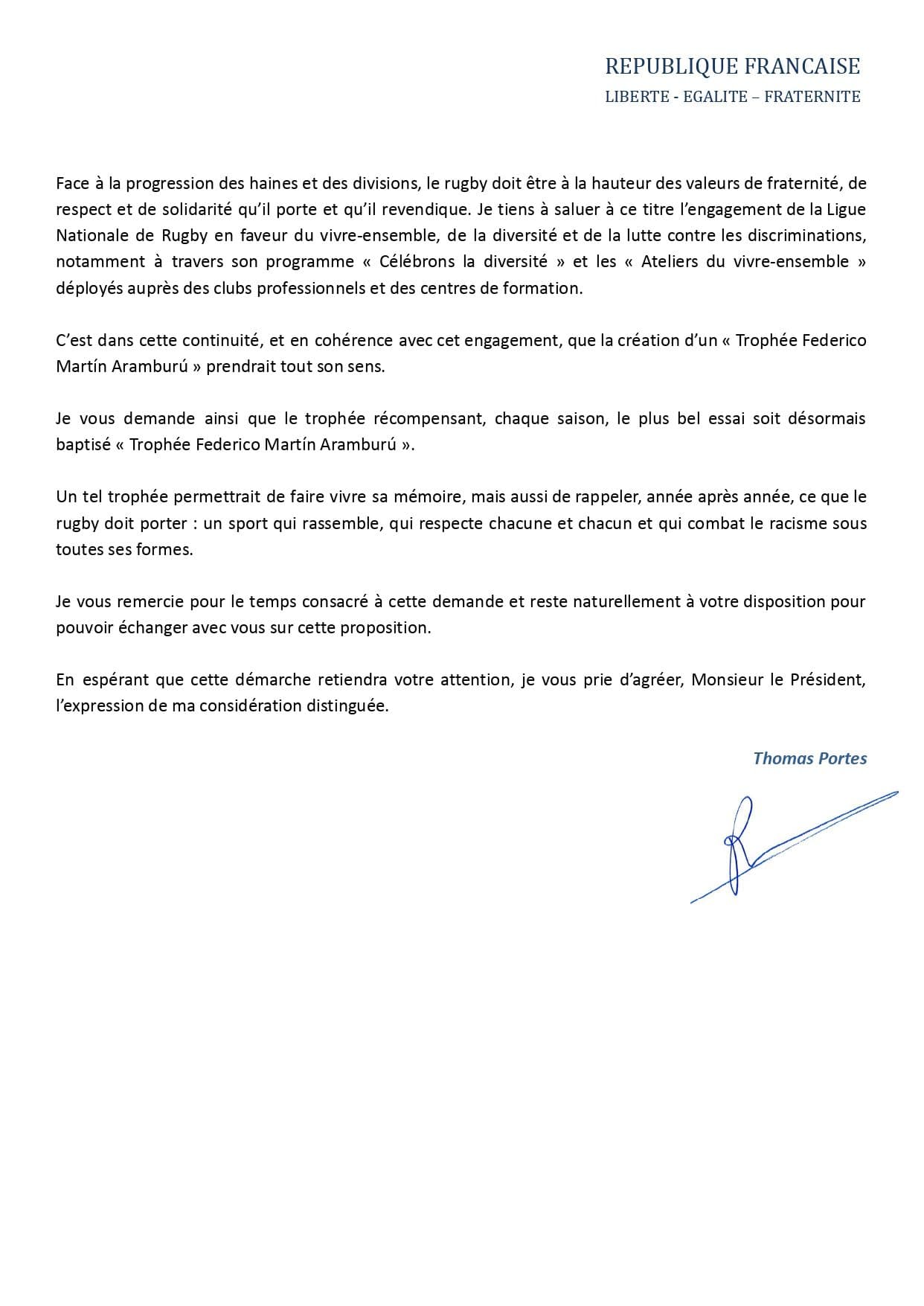Seconde page de la lettre, qui propose que le trophée récompense chaque saison le plus bel essai, signée Thomas Portes.