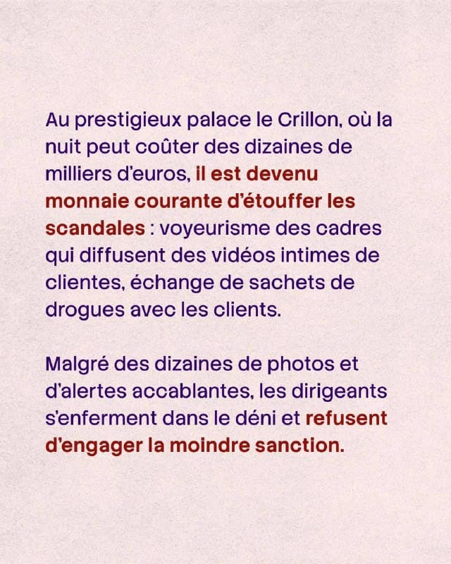 Texte sur fond rose : au Crillon, étouffer les scandales serait devenu monnaie courante — voyeurisme de cadres, échanges de drogues avec des clients — sans que la direction sanctionne.