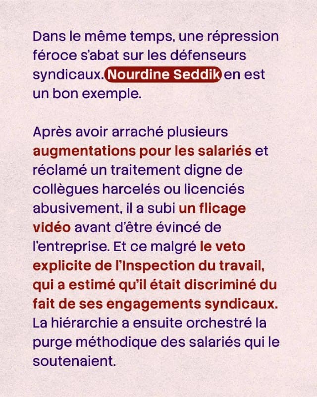 Texte sur fond rose : Nourdine Seddik, défenseur syndical, a obtenu des augmentations et dénoncé le harcèlement, puis a été filmé et évincé malgré le veto de l’Inspection du travail.