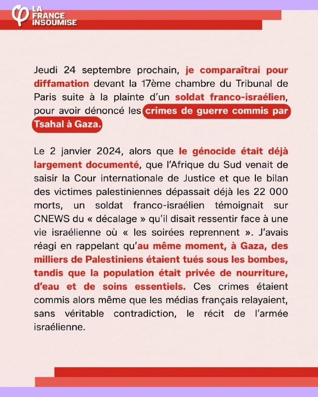 Communiqué, page 2 : comparution pour diffamation le 24 septembre devant la 17e chambre du tribunal de Paris.