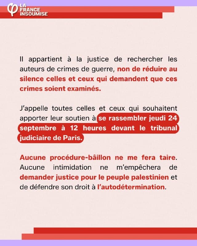 Communiqué, page 4 : appel au rassemblement le 24 septembre à 12 h devant le tribunal judiciaire de Paris.