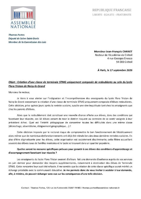 Photo publiée avec le message « J'ai écrit au Recteur de l'Académie de Créteil au sujet du lycée Flora Tristan à Noisy-le-Grand » (2 sur 3).