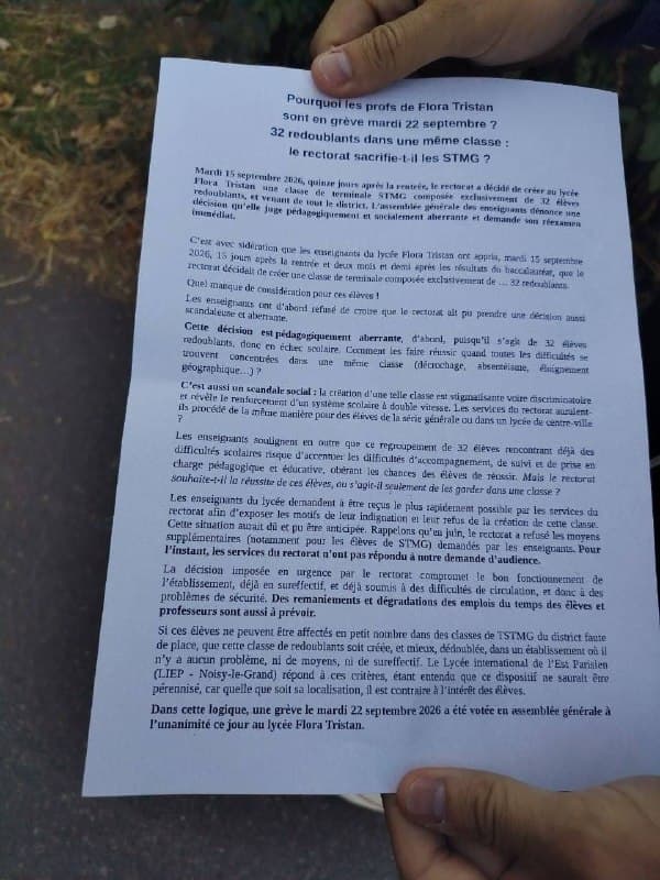 Photo publiée avec le message « À Noisy-le-Grand aux côtés des enseignants du lycée Flora Tristan mobilisés contre la décision scandaleuse du rectorat » (4 sur 4).
