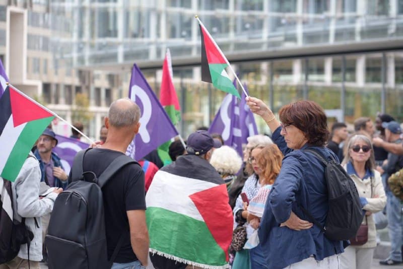 Participants au rassemblement, plusieurs drapeaux palestiniens levés ou portés sur les épaules.