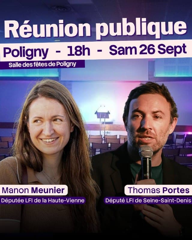 Photo publiée avec le message « Rendez-vous aujourd'hui à 18h à la salle des fêtes de Poligny pour une réunion publique avec Manon Meunier ».