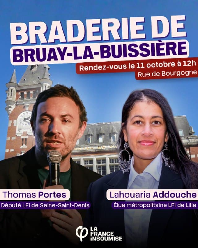 Affiche de la braderie de Bruay-la-Buissière, le 11 octobre à 12 h, avec Thomas Portes et Lahouaria Addouche.