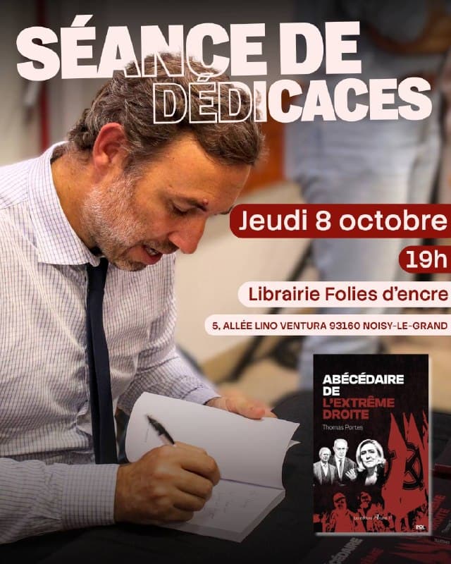 Affiche d’une séance de dédicaces avec Thomas Portes, le jeudi 8 octobre à 19 h, à Folies d’encre, Noisy-le-Grand.