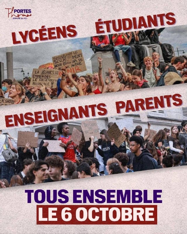 Affiche « Lycéens, étudiants, enseignants, parents : tous ensemble le 6 octobre », avec deux vues de manifestations.