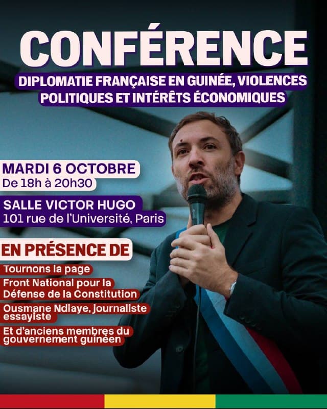 Affiche d’une conférence sur la diplomatie française en Guinée, le 6 octobre, salle Victor Hugo, avec Thomas Portes.