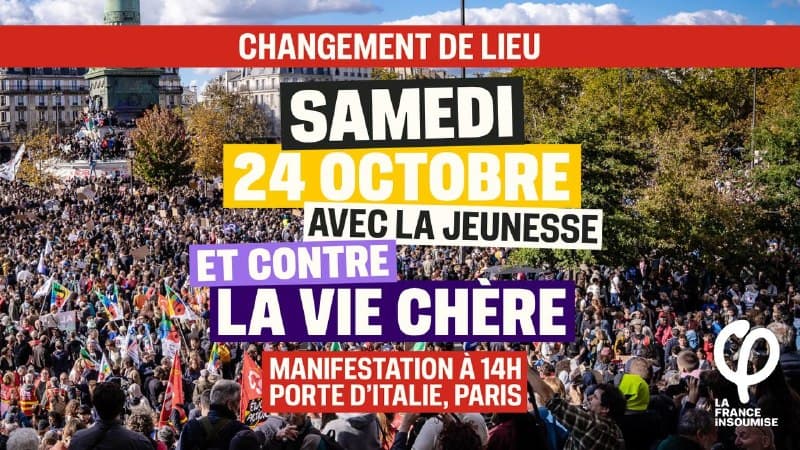 Affiche « Changement de lieu, samedi 24 octobre, manifestation à 14h porte d’Italie, Paris » sur une foule en manifestation.