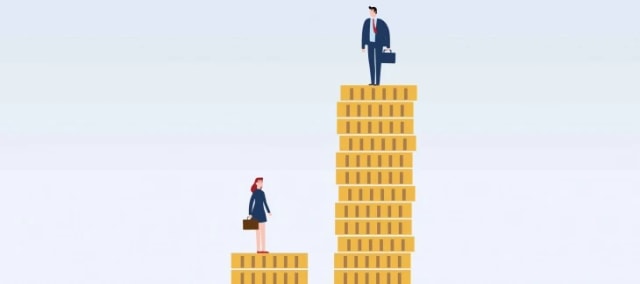 Dessin : une femme en tailleur sur une petite pile de pièces d’or, à côté d’un homme en costume sur une pile bien plus haute.
