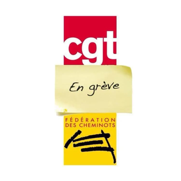 Logos de la CGT et de sa Fédération des cheminots, séparés par un post-it « En grève ».