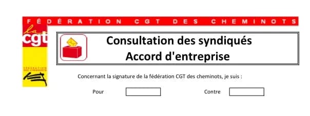 Bulletin de consultation des syndiqués de la Fédération CGT des cheminots sur un accord d'entreprise, cases Pour et Contre