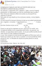 Post Facebook « FN Hautes-Pyrénées » : « Scandaleux camouflage des autorités sur les 250 migrants-clandestins de Lourdes ! »