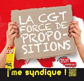 Affiche d'adhésion CGT : deux mains tiennent un carton « La CGT force de propositions », slogan « J'me syndique ! »