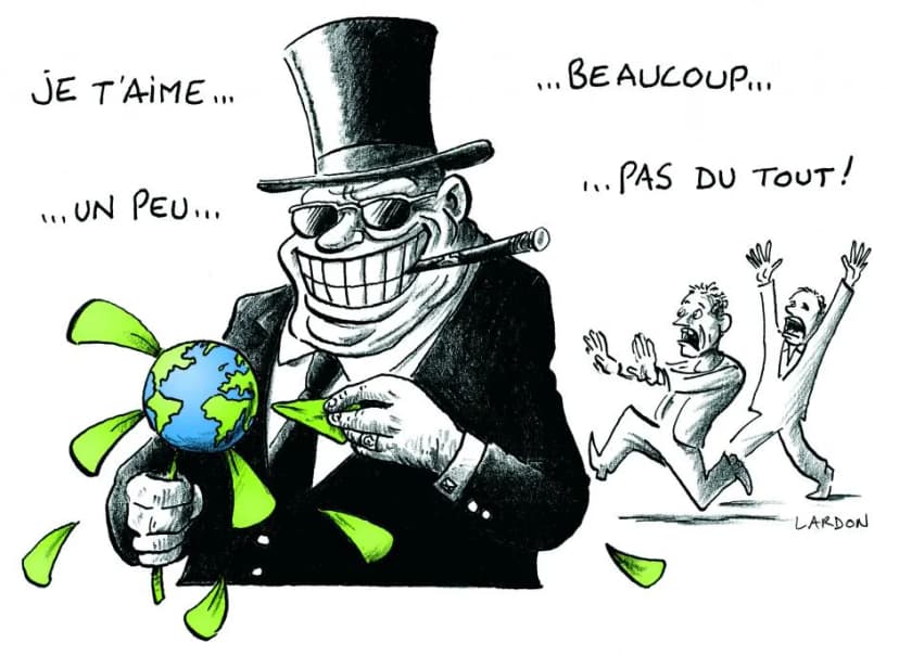 Dessin de Lardon : un homme en haut-de-forme effeuille une fleur-Terre, « Je t'aime… un peu… beaucoup… pas du tout ! »