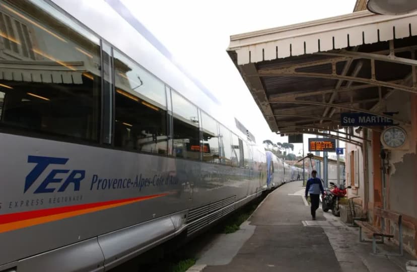 Un TER à quai sous la marquise d’une petite gare, une personne s’éloignant sur le quai.