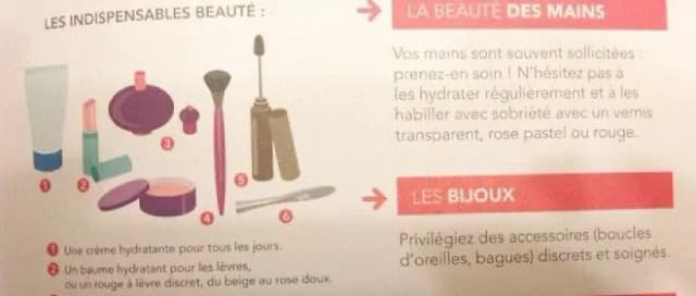 Page de livret « Les indispensables beauté » : maquillage numéroté, conseils « La beauté des mains » et « Les bijoux »