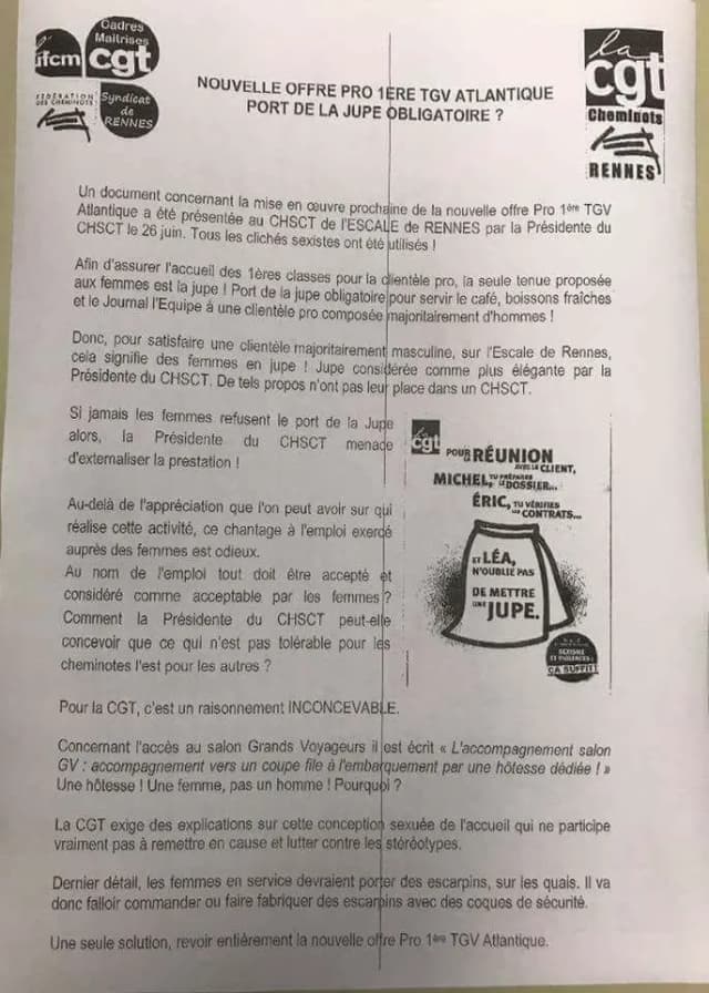 Tract de la CGT-Cheminots de Rennes titré « Nouvelle offre Pro 1ère TGV Atlantique : port de la jupe obligatoire ? ».