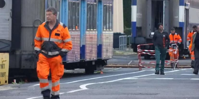 Des agents en tenue orange haute visibilité circulent dans un technicentre, le long de wagons.