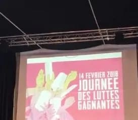 Écran de salle projetant l'affiche « Journée des luttes gagnantes » du 14 février 2018