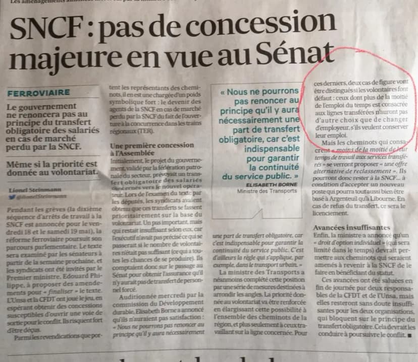 Coupure de presse « SNCF : pas de concession majeure en vue au Sénat », citation d'Élisabeth Borne, passage entouré en rouge