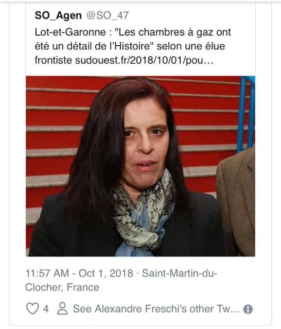 Message de @SO_47 : « Les chambres à gaz ont été un détail de l'Histoire » selon une élue frontiste, une femme au foulard