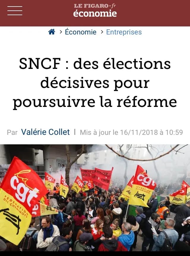 Article du Figaro économie « SNCF : des élections décisives pour poursuivre la réforme », photo d'un cortège aux drapeaux CGT