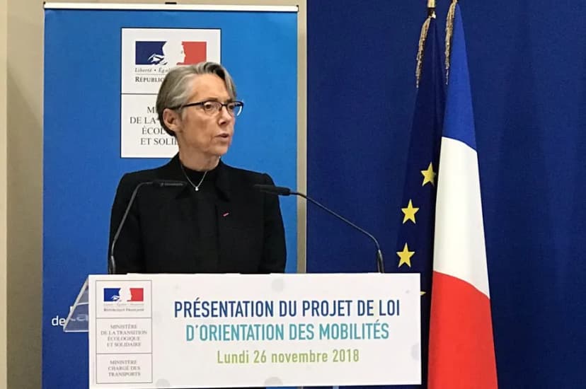 Femme au pupitre devant les drapeaux français et européen : « Présentation du projet de loi d'orientation des mobilités »