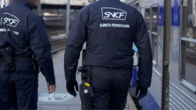 Deux agents de la sûreté ferroviaire SNCF de dos sur un quai, le long d’une rame.