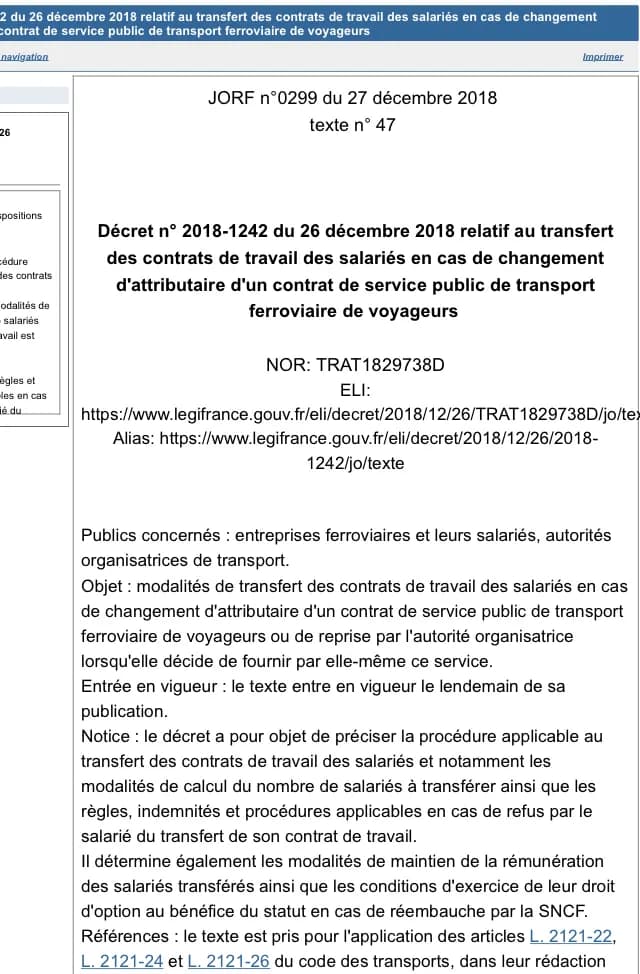 Légifrance : « Décret n° 2018-1242 du 26 décembre 2018 relatif au transfert des contrats de travail des salariés… »