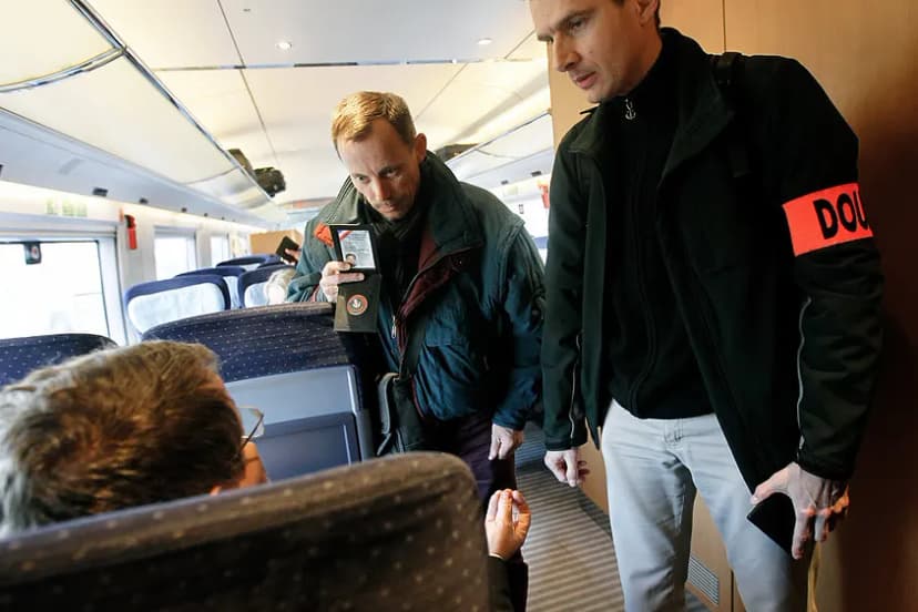 Dans une voiture de train, un homme montre une carte à un voyageur assis, à côté d’un homme au brassard orange « DOU ».