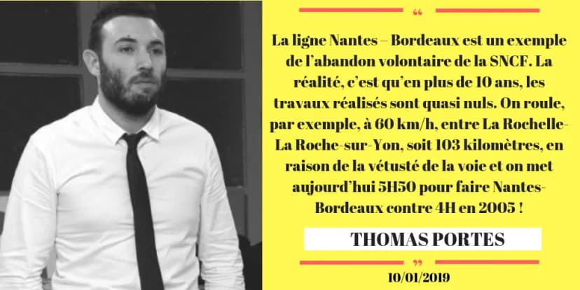 Carte de citation jaune et noire : déclaration de Thomas Portes sur l’état de la ligne Nantes–Bordeaux, avec son portrait.