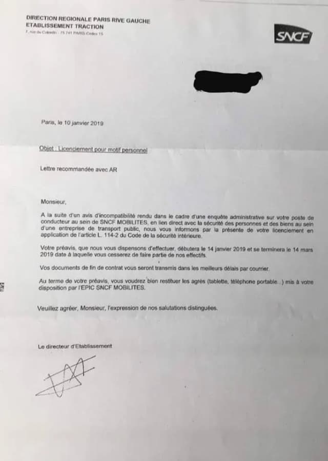 Lettre de la SNCF du 10 janvier 2019, objet « Licenciement pour motif personnel », destinataire masqué.