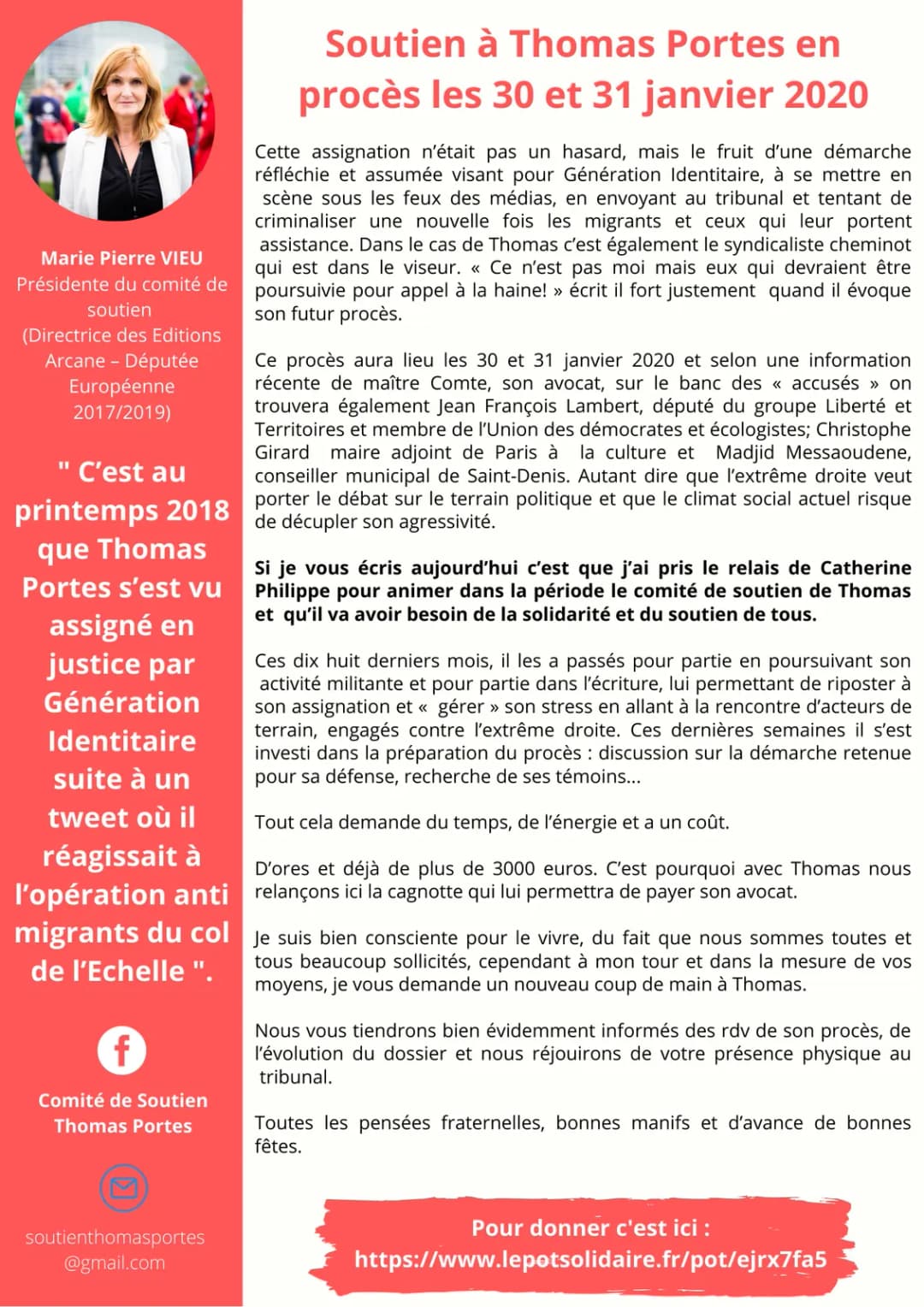 Tract « Soutien à Thomas Portes en procès les 30 et 31 janvier 2020 », portrait de Marie Pierre Vieu, présidente du comité.
