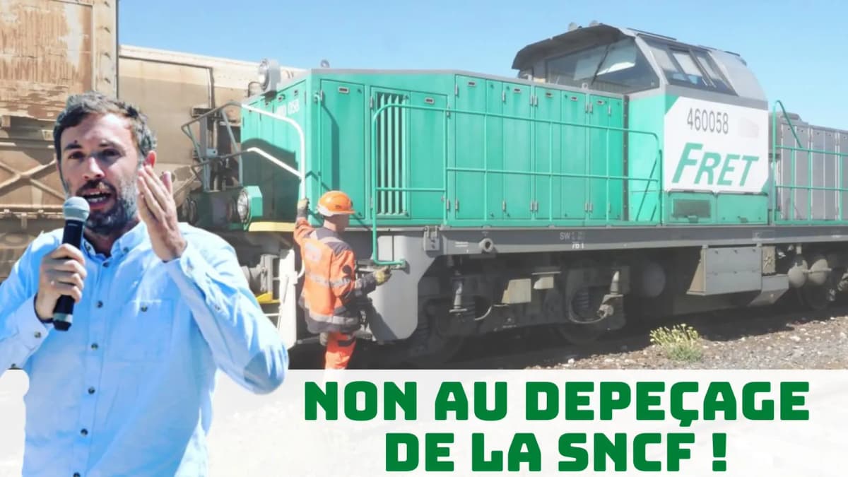 Vignette vidéo « Non au dépeçage de la SNCF ! » associant son portrait au micro et une locomotive Fret.