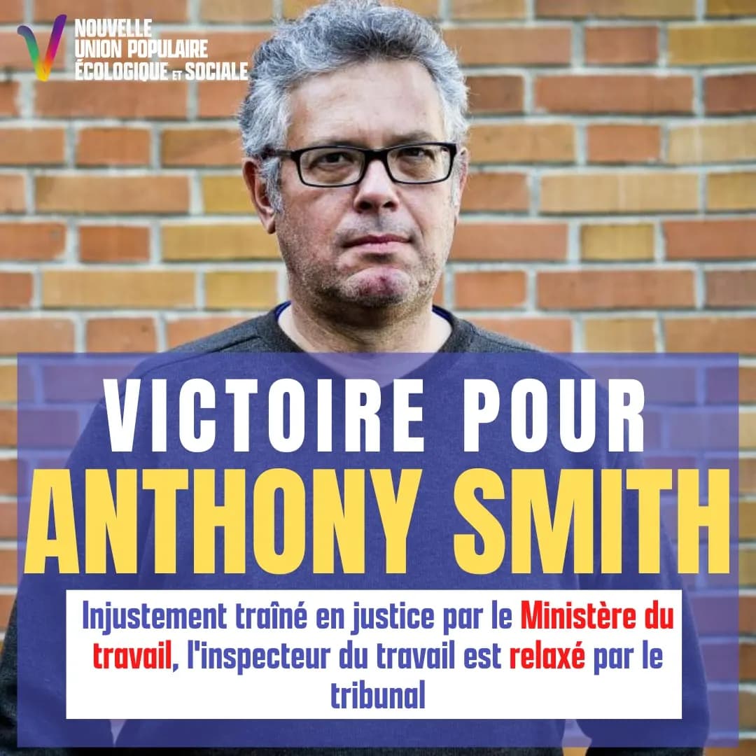 Visuel de la Nouvelle Union populaire écologique et sociale « Victoire pour Anthony Smith » : un homme à lunettes.
