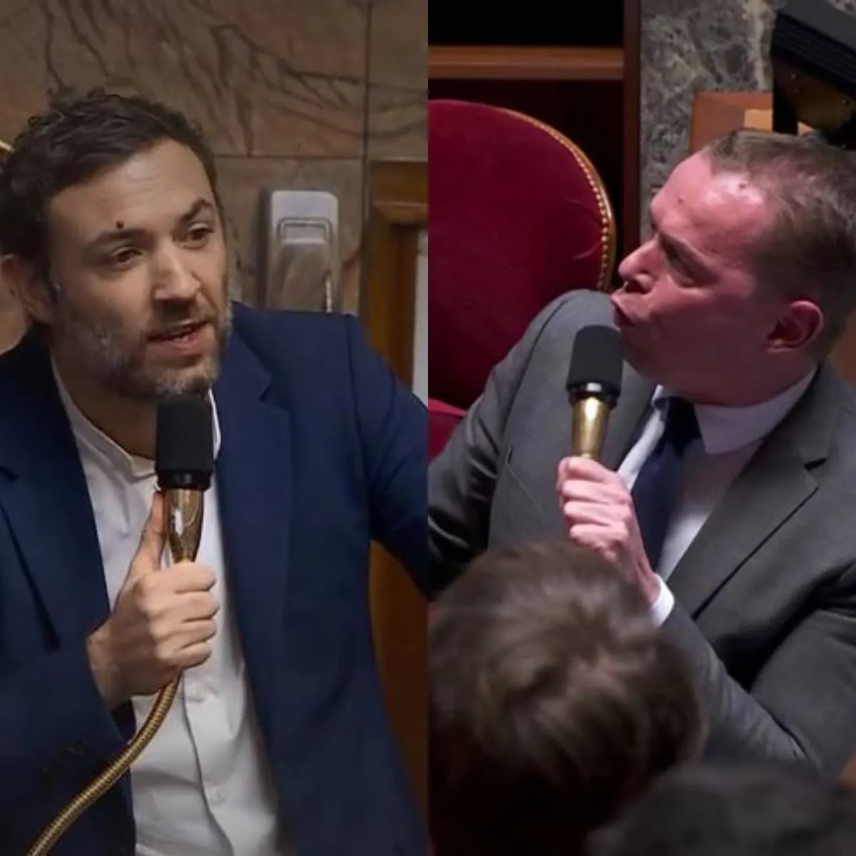 Deux volets : à gauche un député barbu en veste bleue, à droite un député en costume gris, chacun au micro dans l’hémicycle.