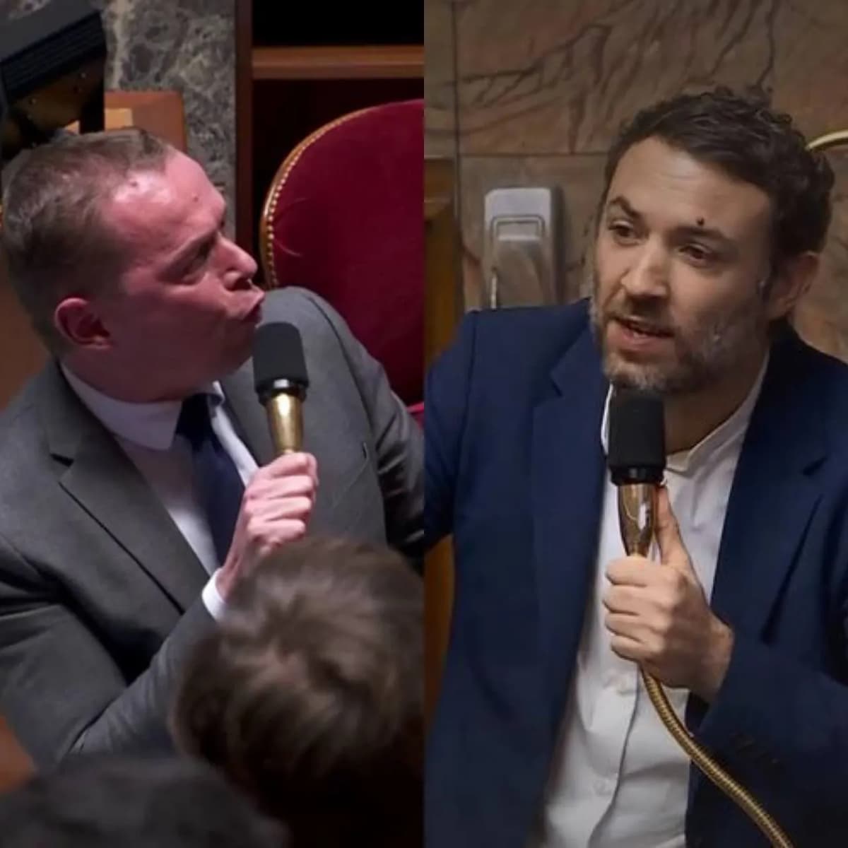 Deux volets : à gauche un député en costume gris, à droite un député barbu en veste bleue, chacun au micro dans l’hémicycle.