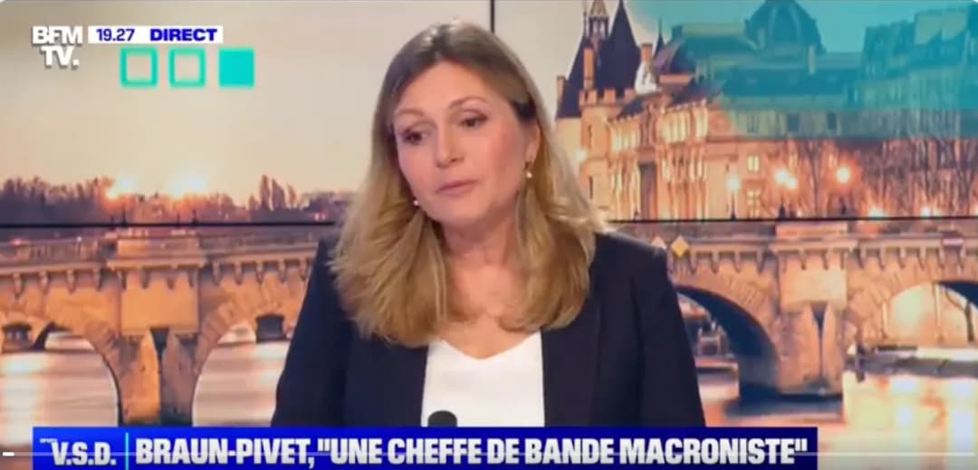 BFMTV en direct : une femme devant un décor de pont parisien, bandeau « Braun-Pivet,