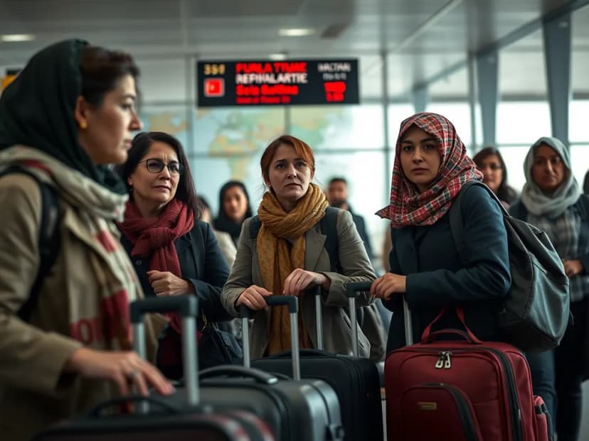 Illustration : des femmes, plusieurs voilées, debout avec des valises dans un hall d’aéroport sous un panneau d’affichage.