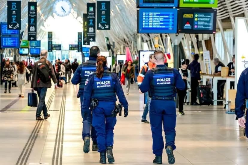 Photographie de dos de trois agents en gilet « Police municipale » marchant dans le hall d’une gare parmi les voyageurs.