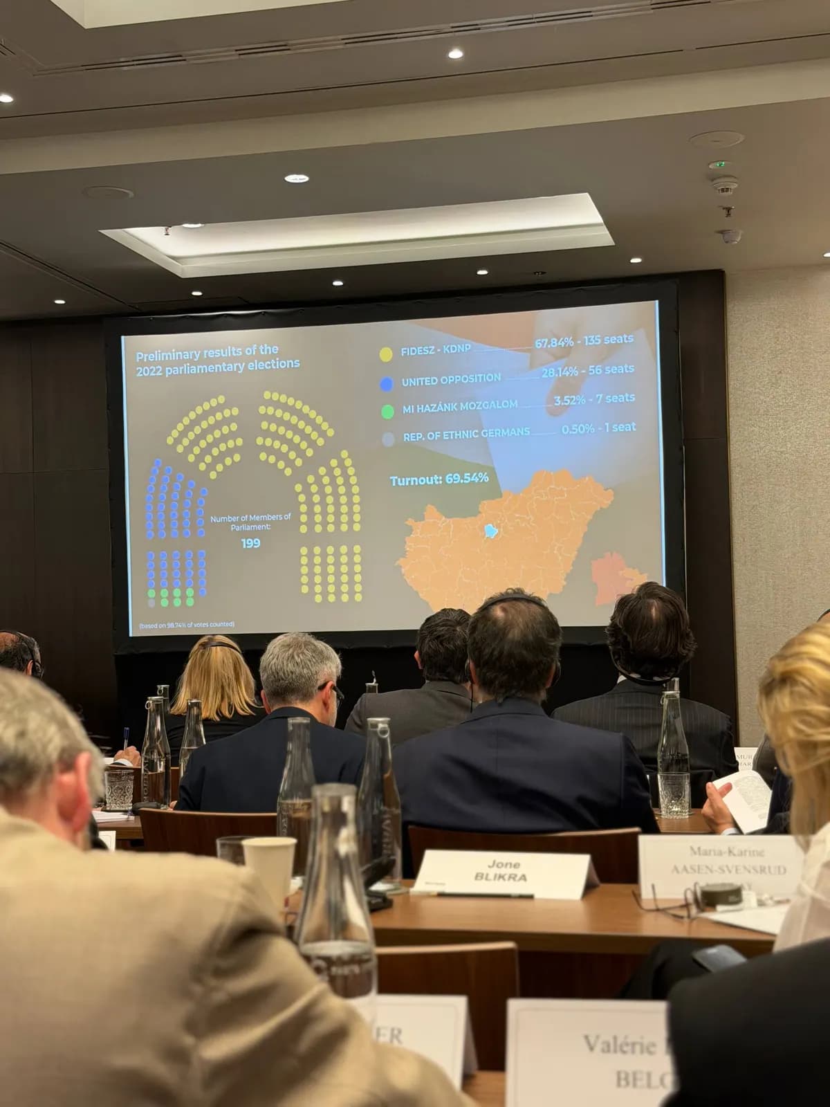 Salle de réunion devant un écran affichant la composition d’un parlement et une carte de résultats électoraux.
