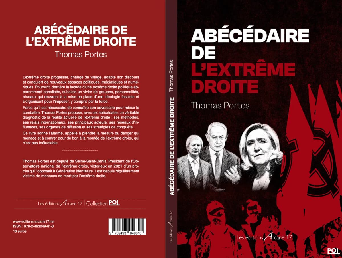 Couverture du livre « Abécédaire de l’extrême droite » de Thomas Portes (Arcane 17) : trois portraits sur fond rouge et noir.